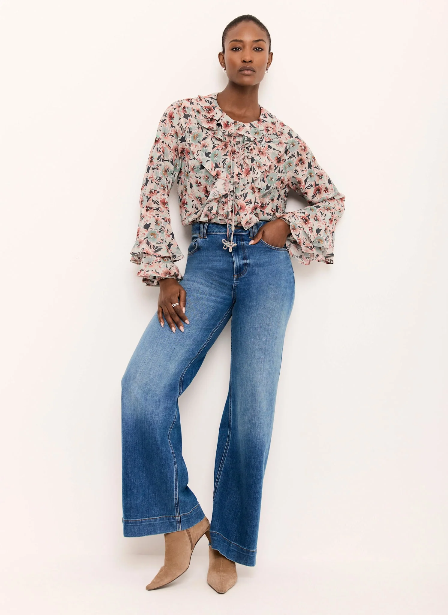 9596-green-floral-print-ruffle-blouse-5.webp Green Floral Print Ruffle Blouse