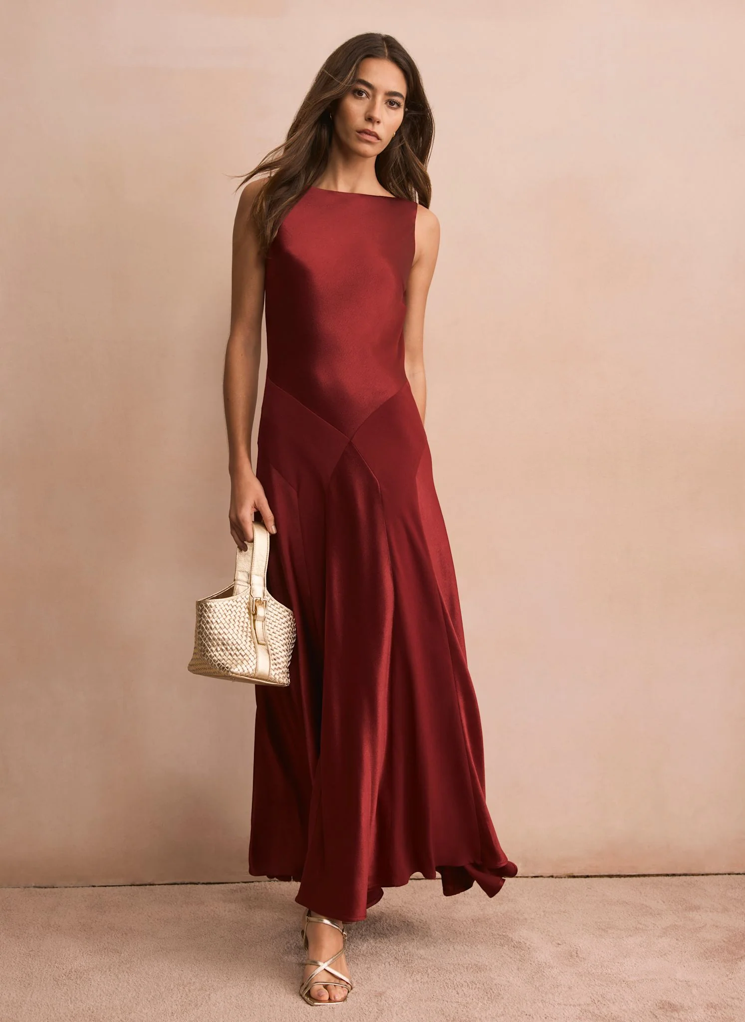 Burgundy Satin Panelled Maxi Dress