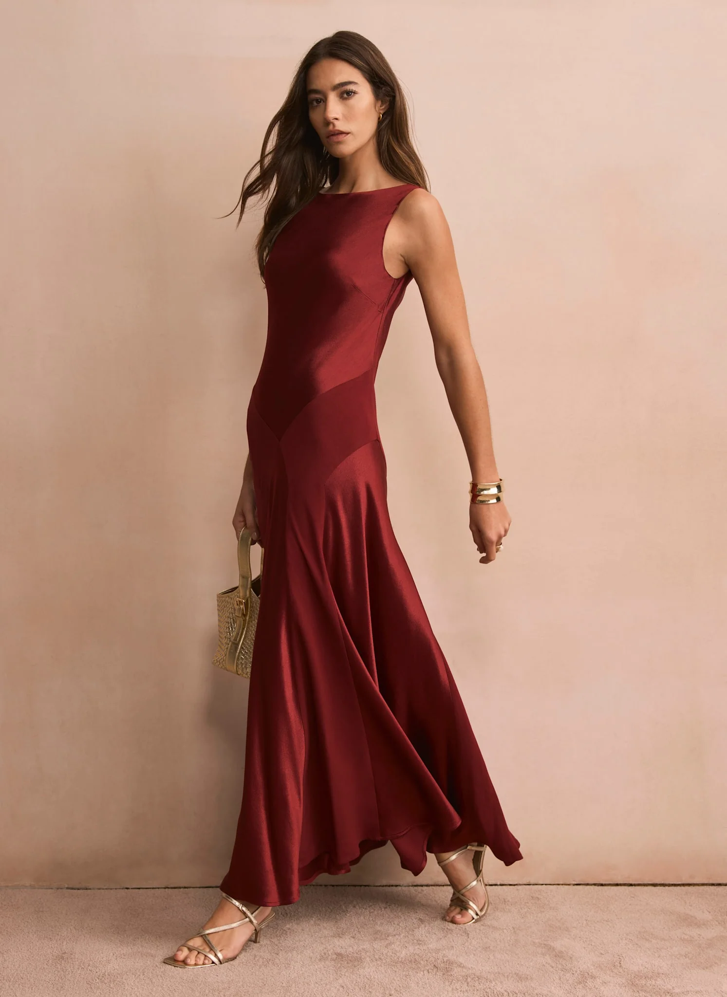 Burgundy Satin Panelled Maxi Dress