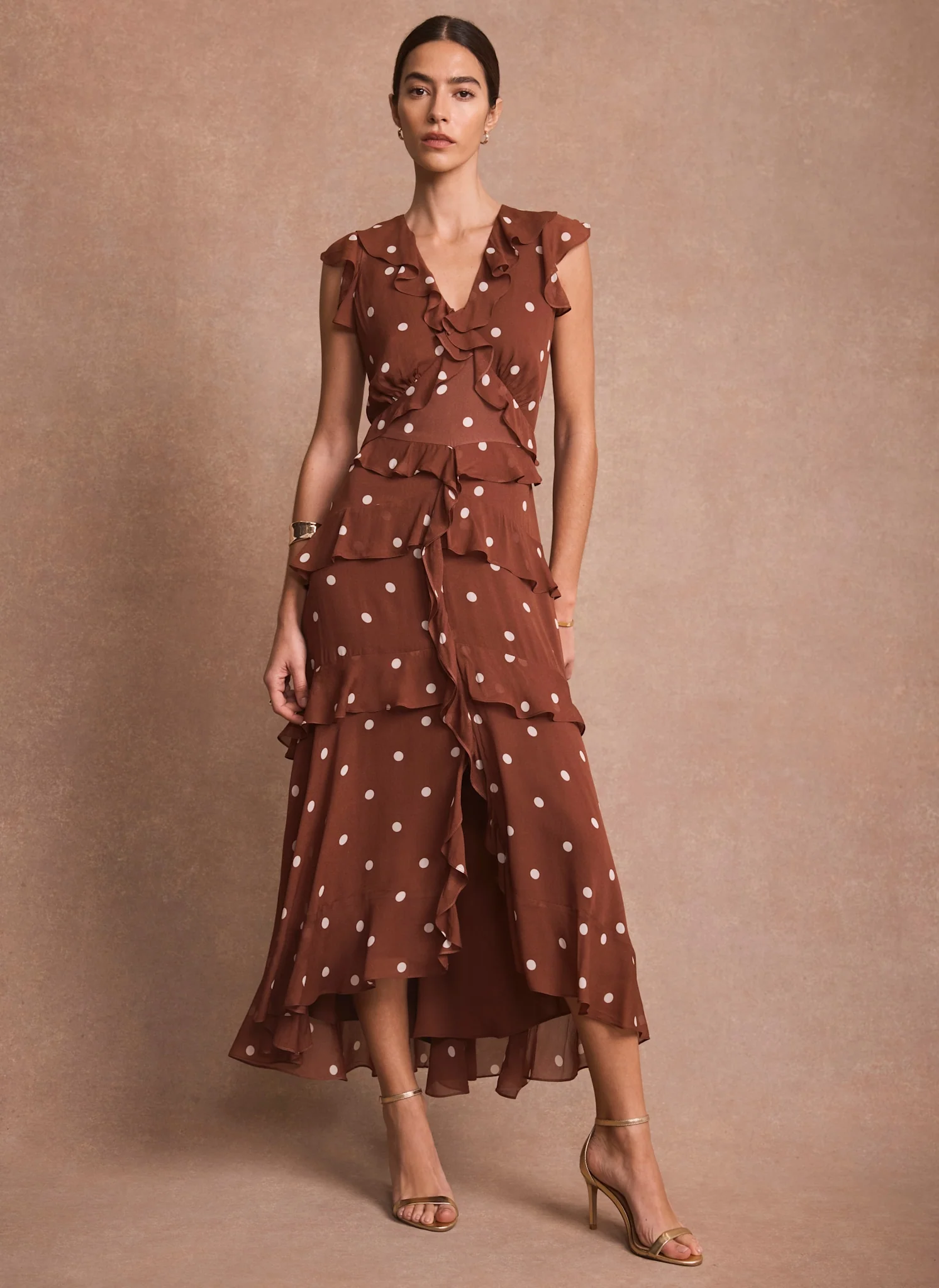 Brown Polka Dot Print Ruffle Midi Dress