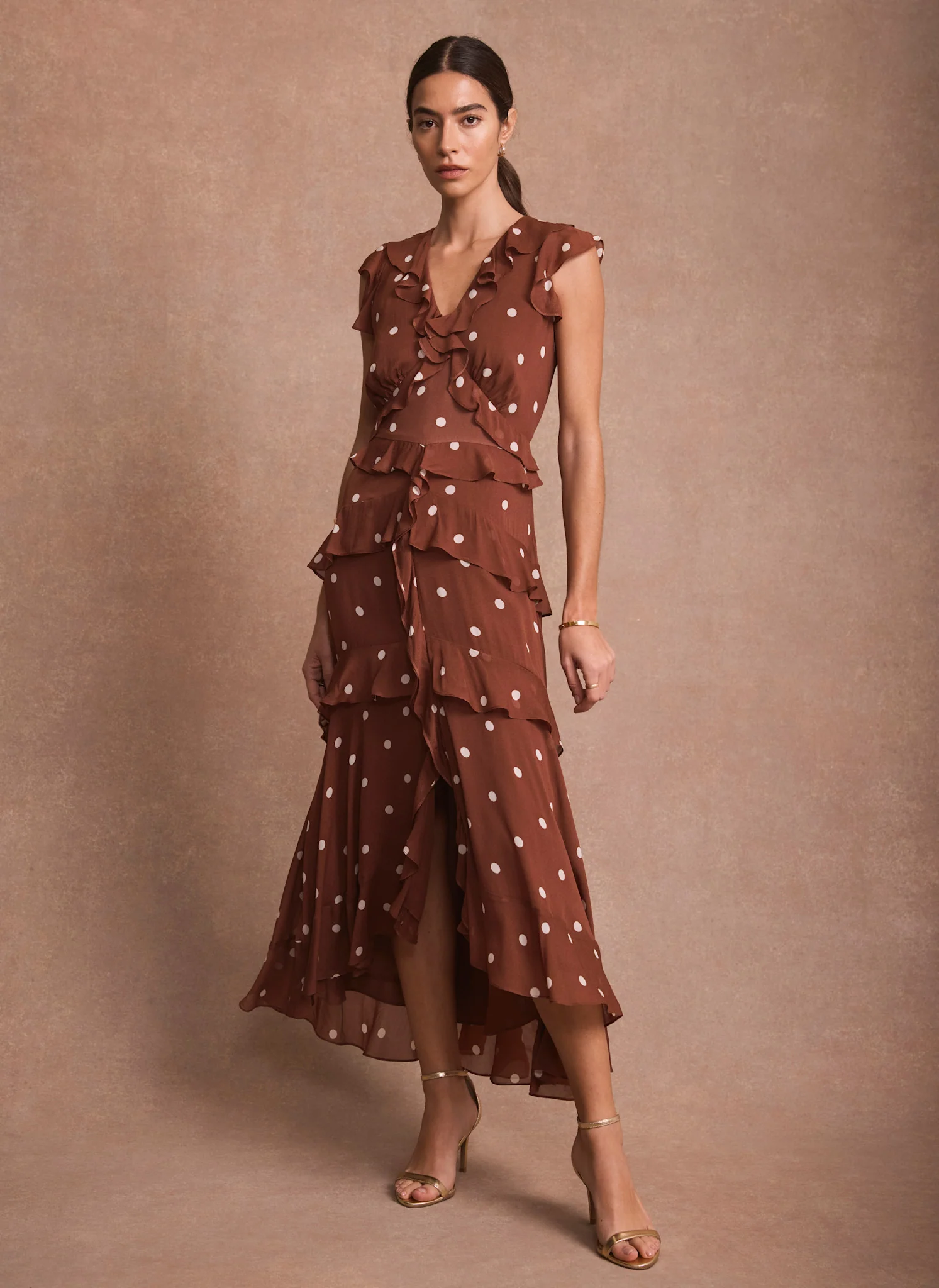 Brown Polka Dot Print Ruffle Midi Dress