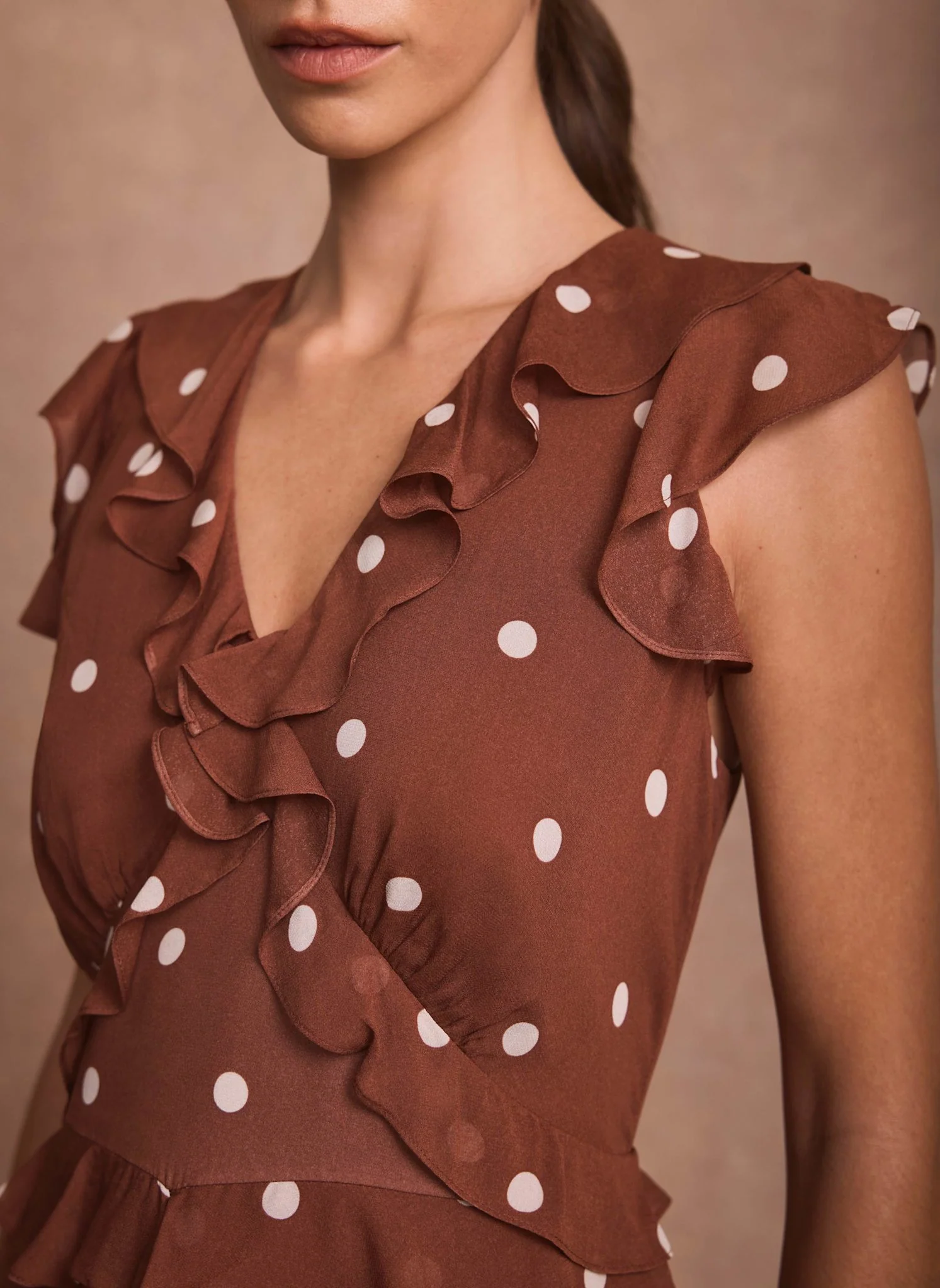 Brown Polka Dot Print Ruffle Midi Dress