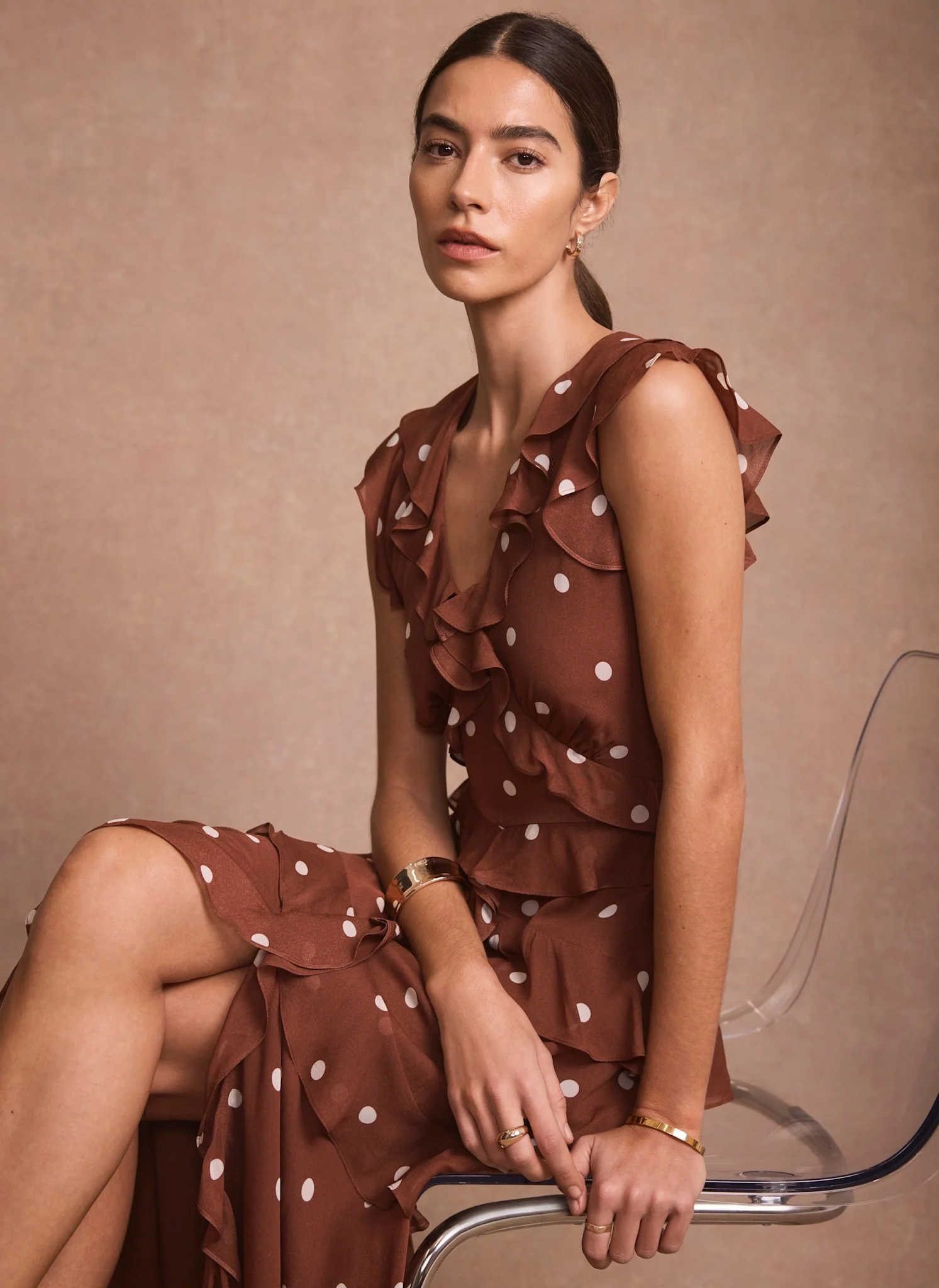 Brown Polka Dot Print Ruffle Midi Dress