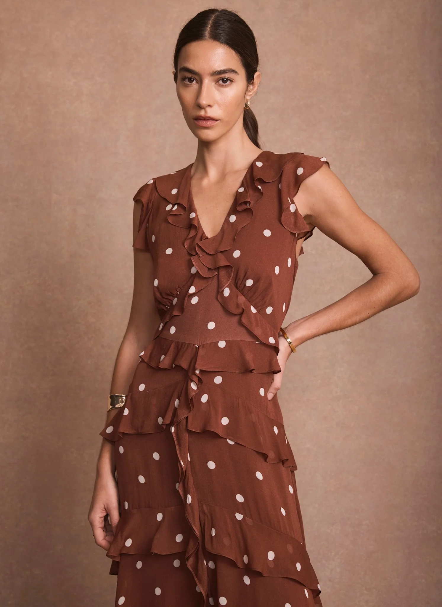 Brown Polka Dot Print Ruffle Midi Dress