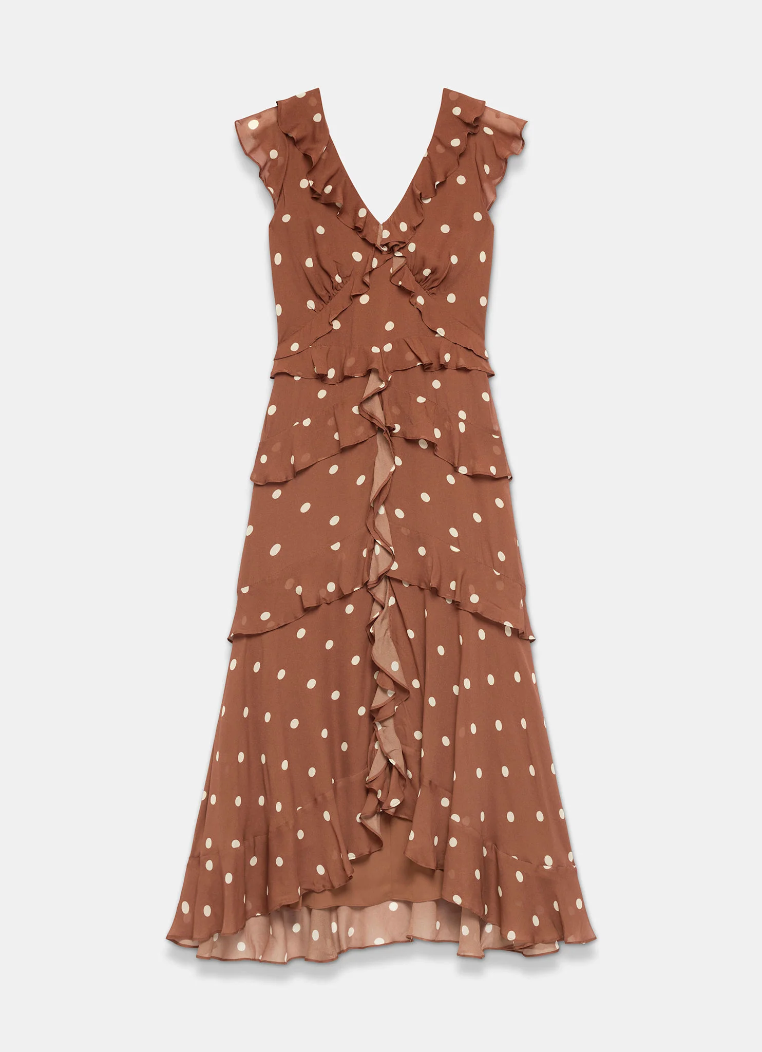 Brown Polka Dot Print Ruffle Midi Dress