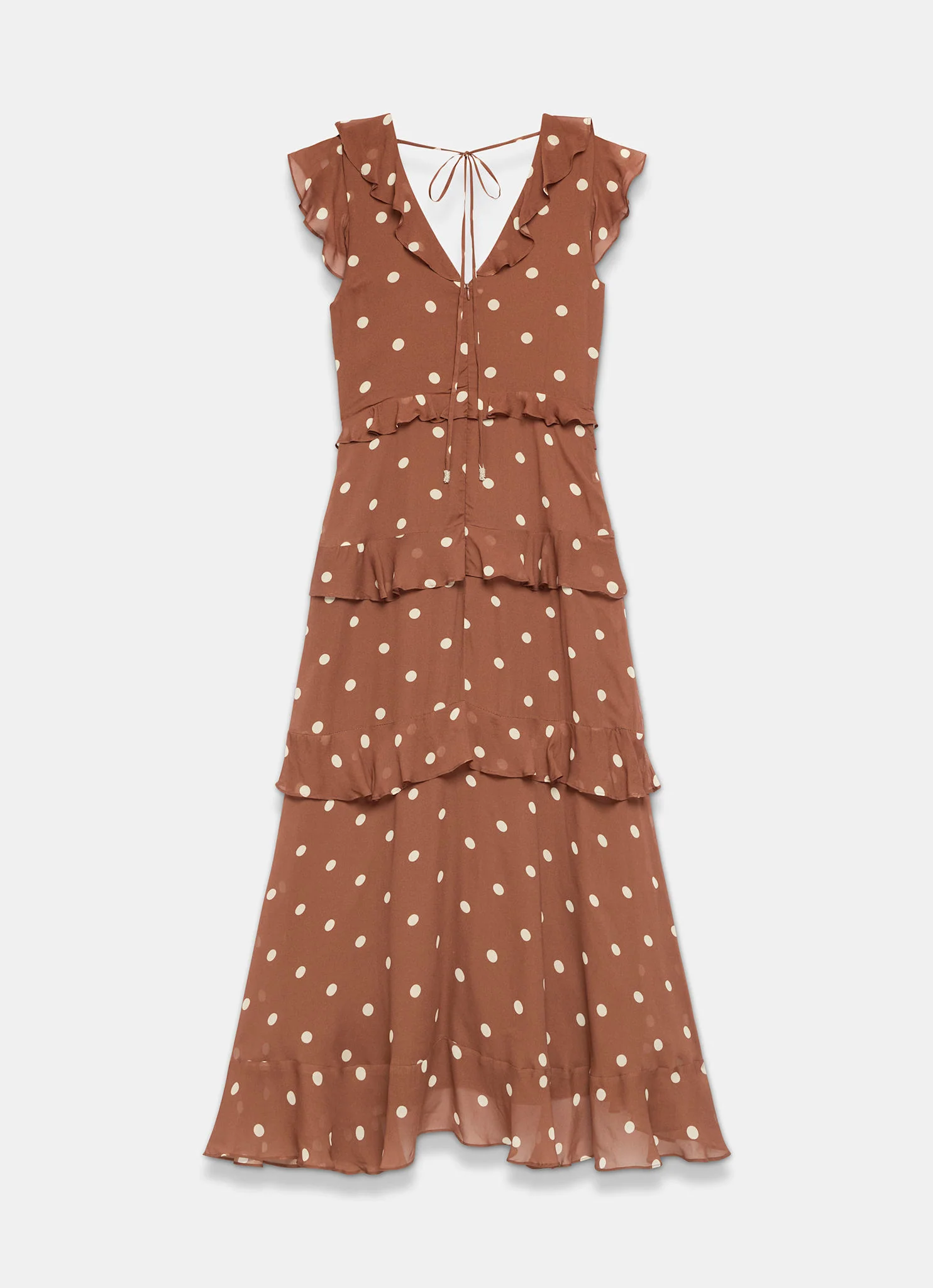 Brown Polka Dot Print Ruffle Midi Dress