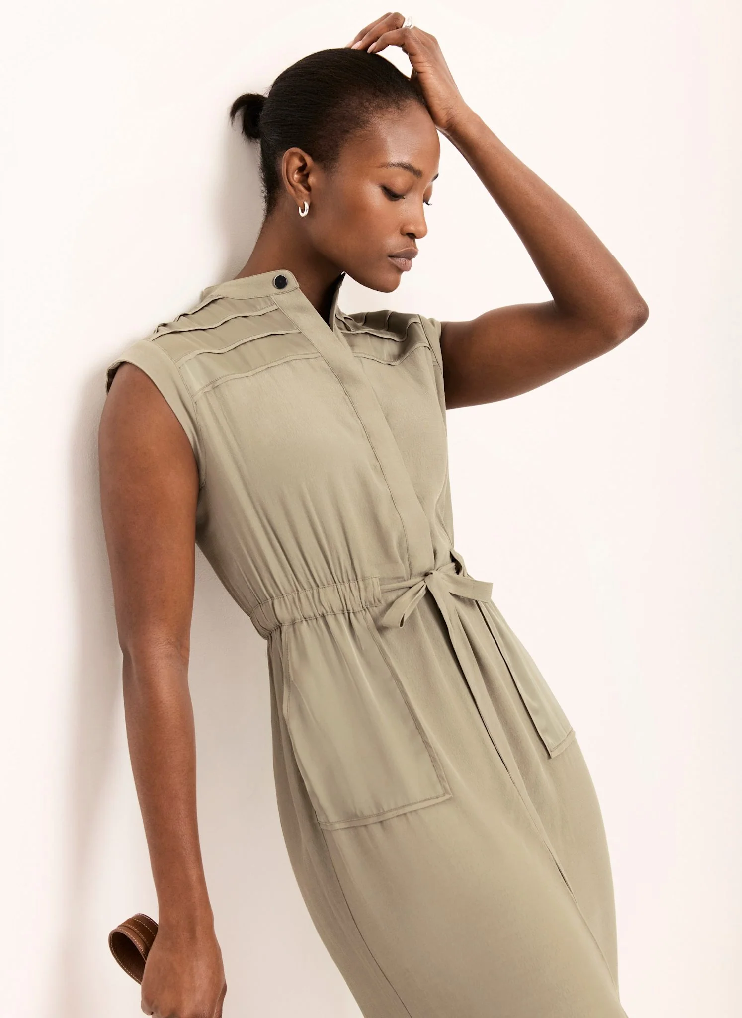 Khaki Satin Utility Midi Dress