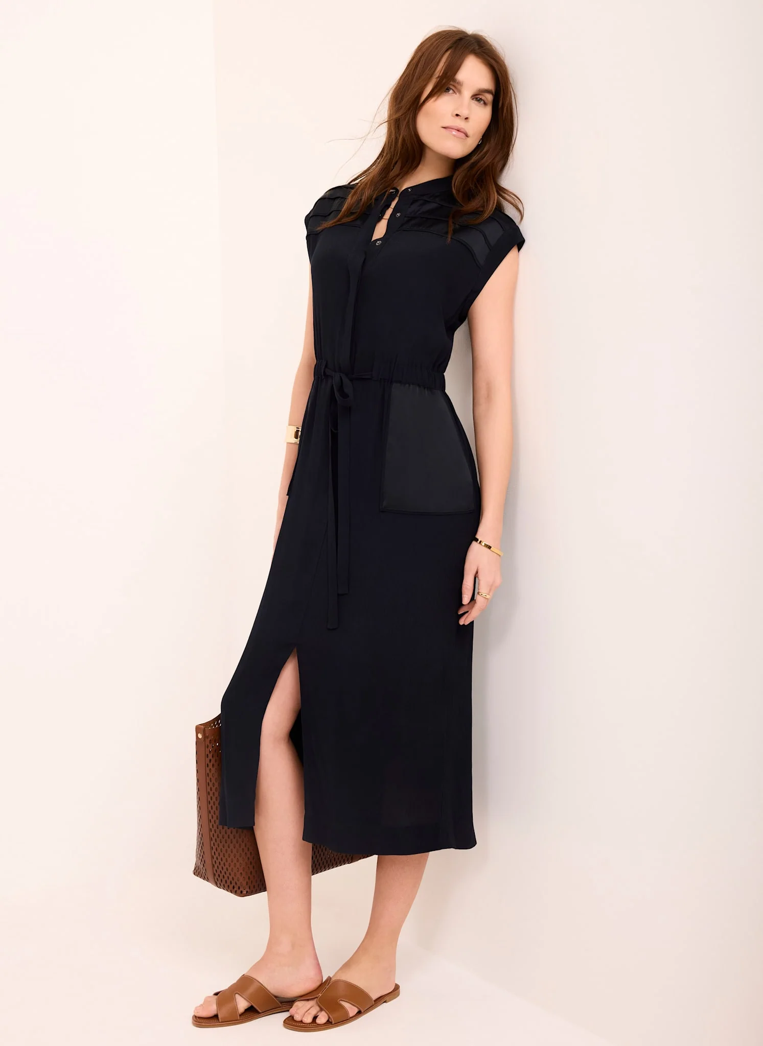Navy Satin Utility Midi Dress