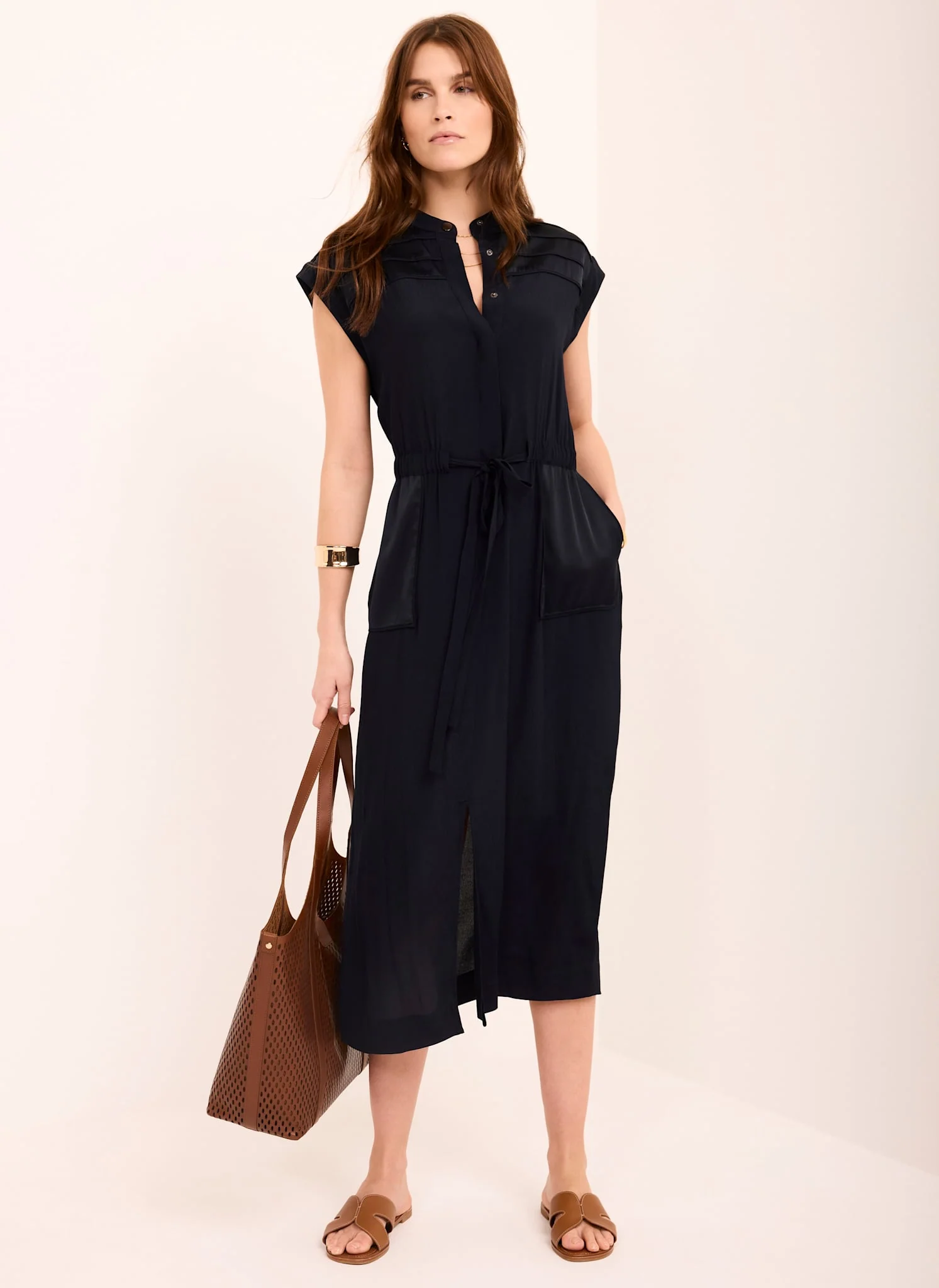 Navy Satin Utility Midi Dress