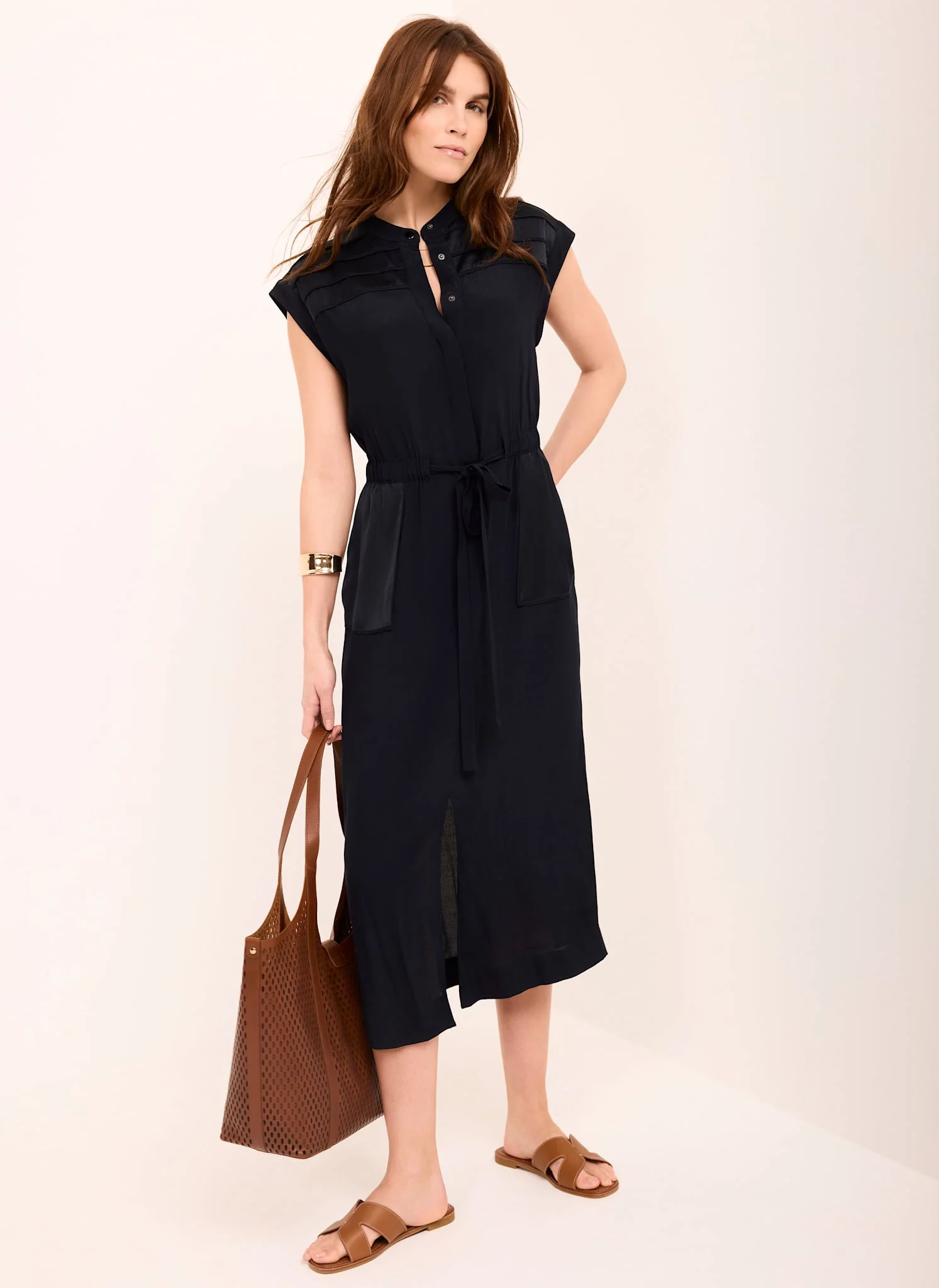 Navy Satin Utility Midi Dress