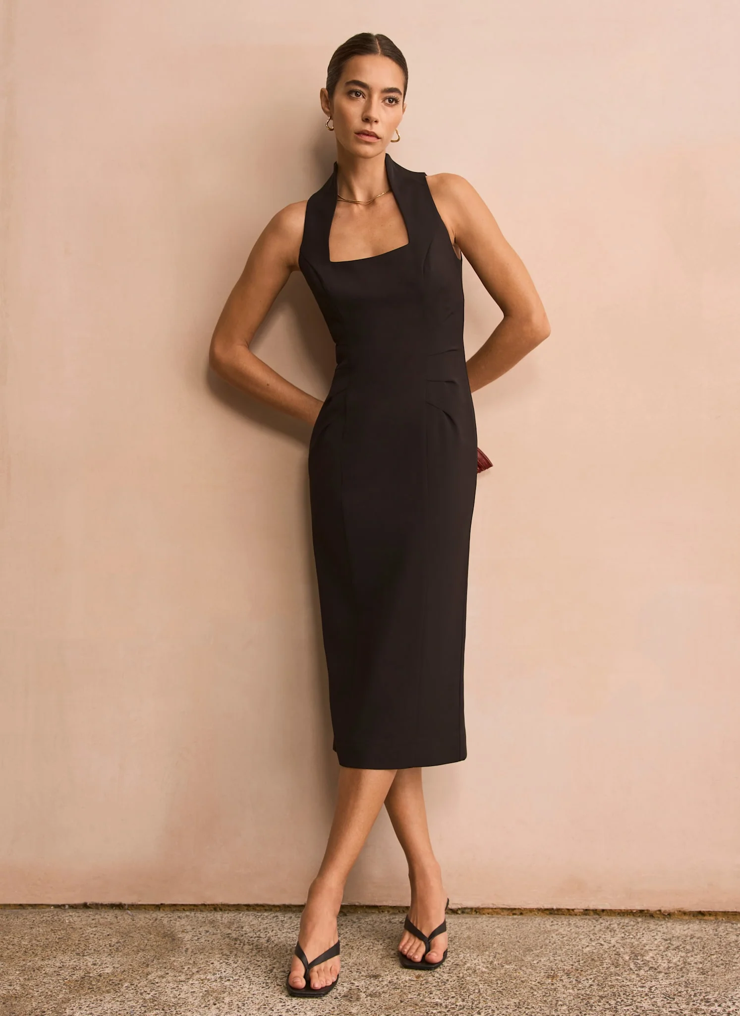 Black Sleeveless Fitted Midi Dress