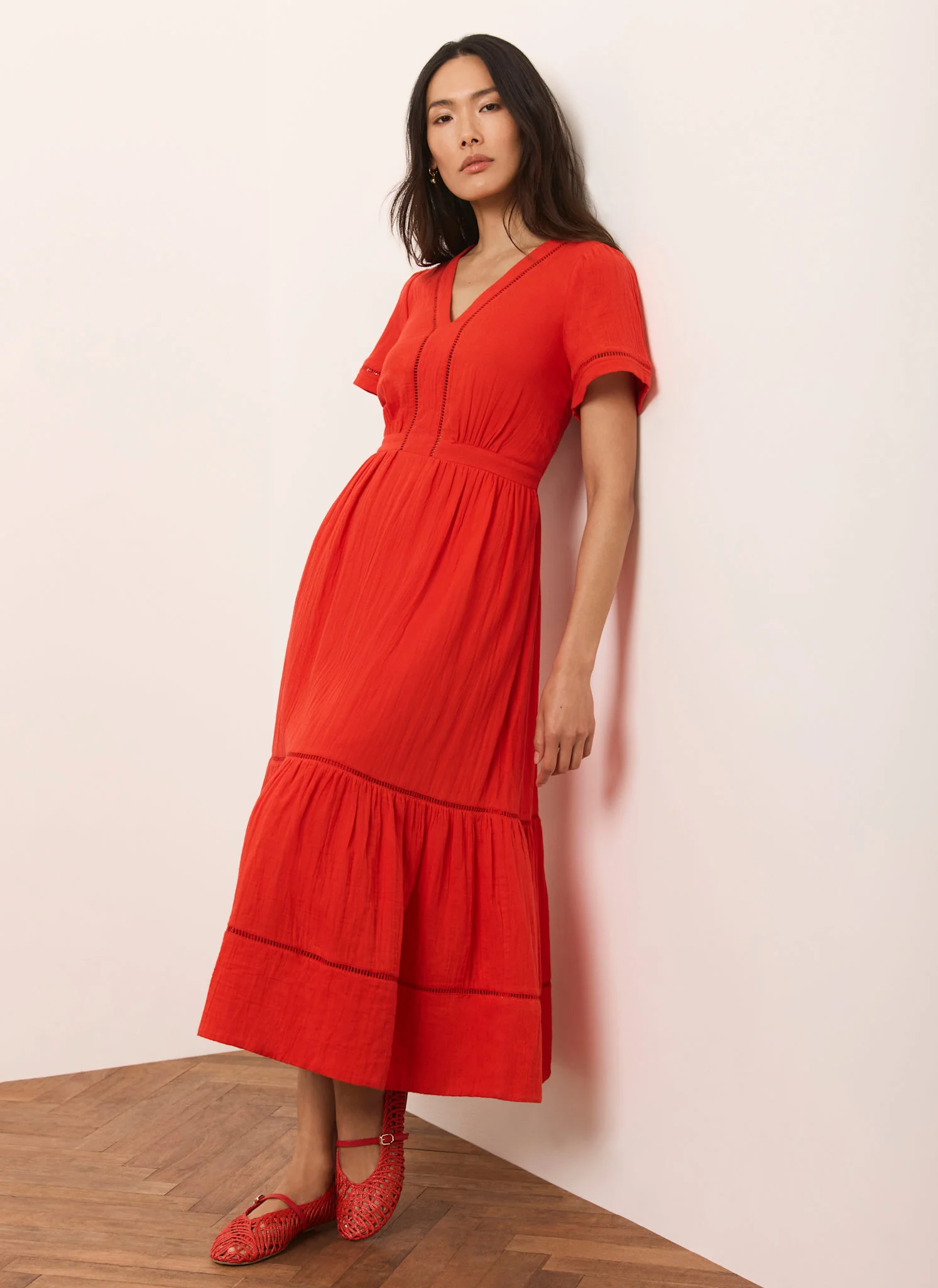 Red Cotton Cheesecloth Midi Dress