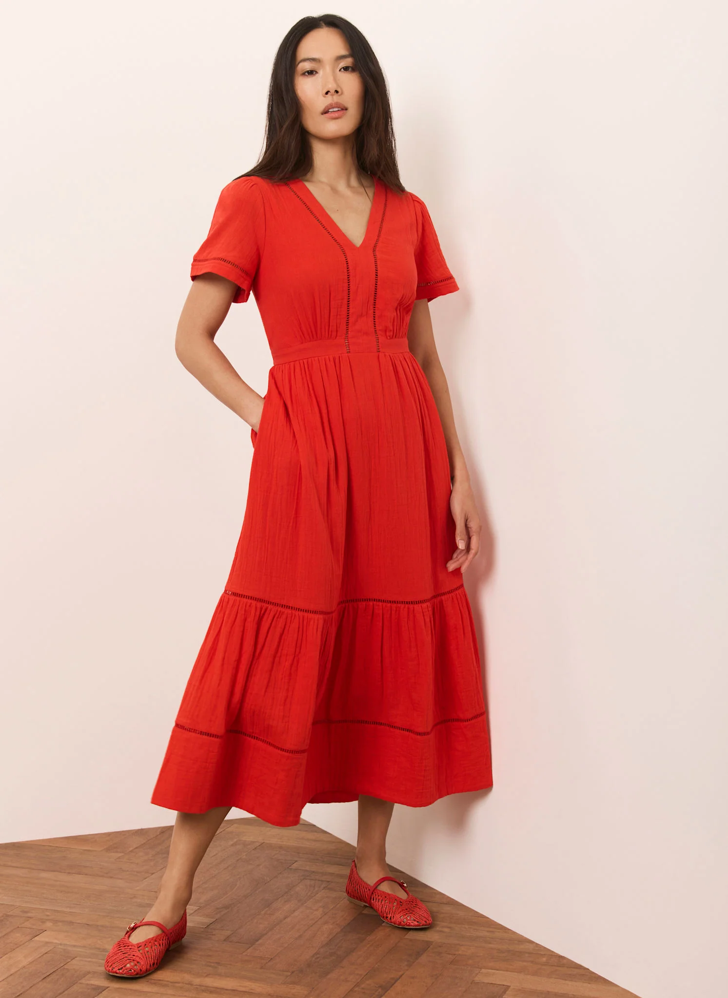 Red Cotton Cheesecloth Midi Dress