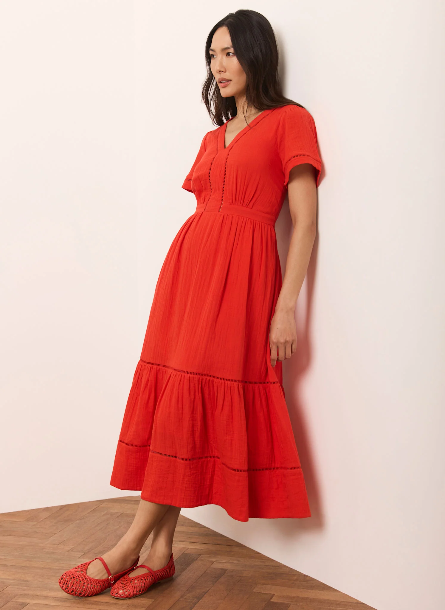 Red Cotton Cheesecloth Midi Dress