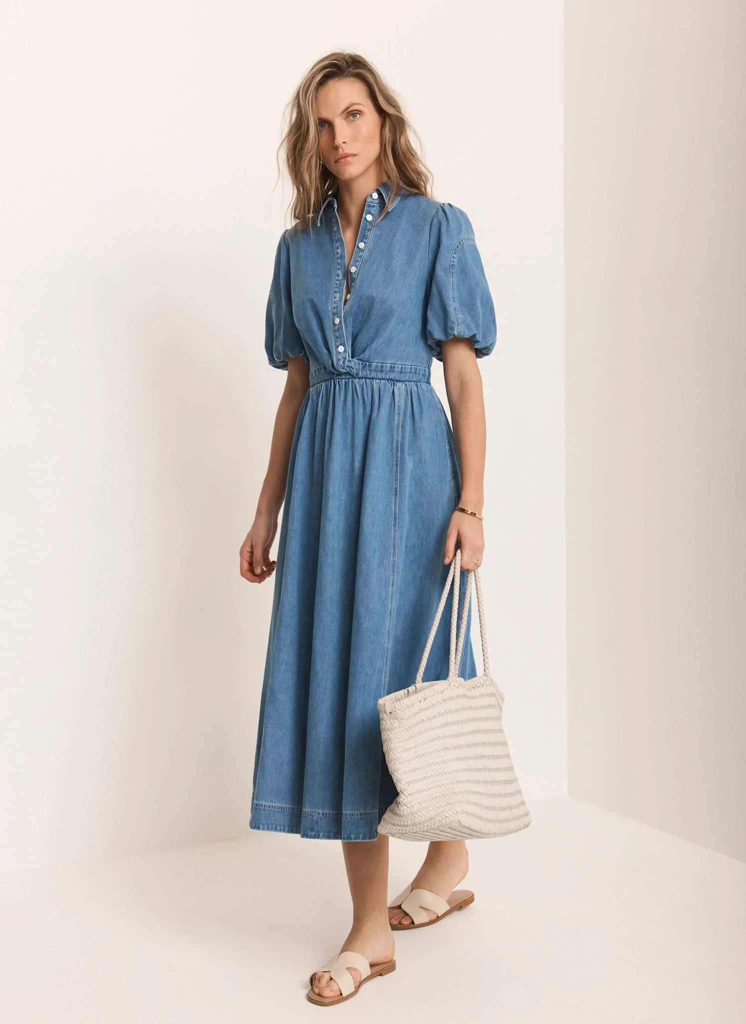 Mid Indigo Denim Twist Midi Dress