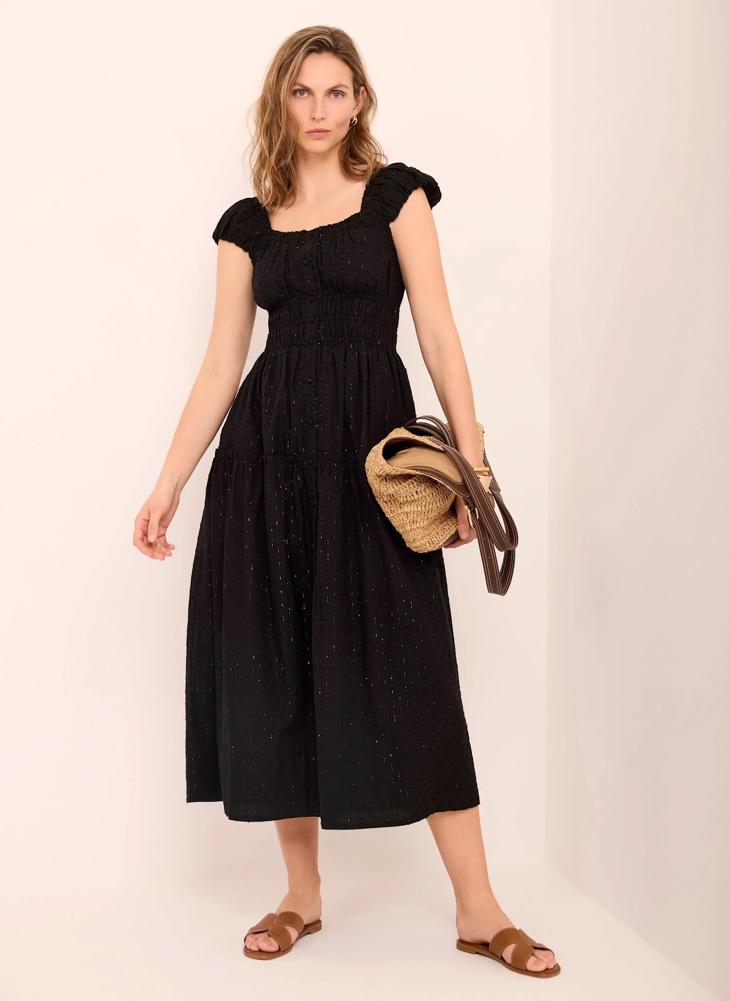 Black Cotton Blend Textured Midi Dress