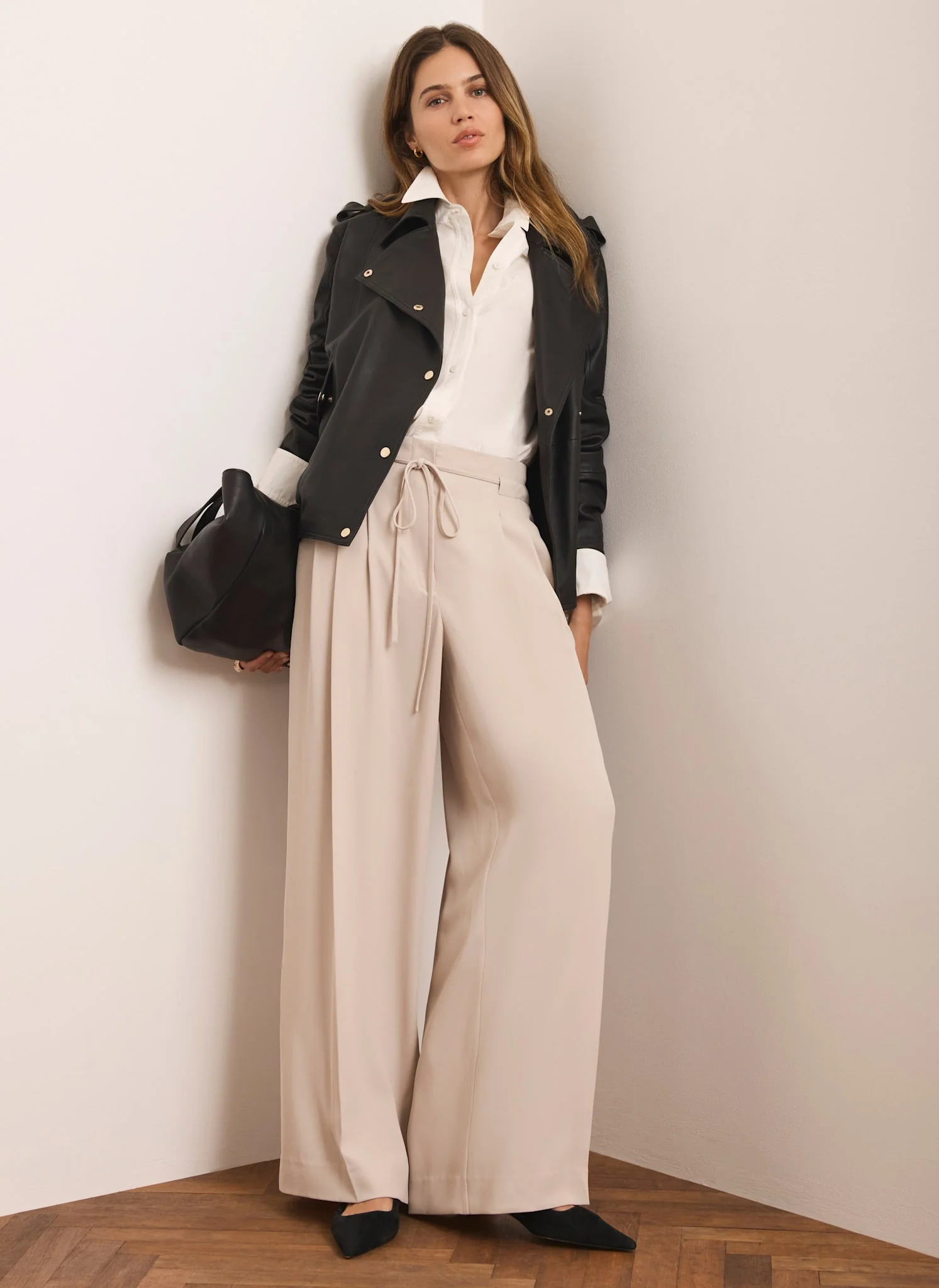 Neutral Tie Waist Pleated Wide Trousers