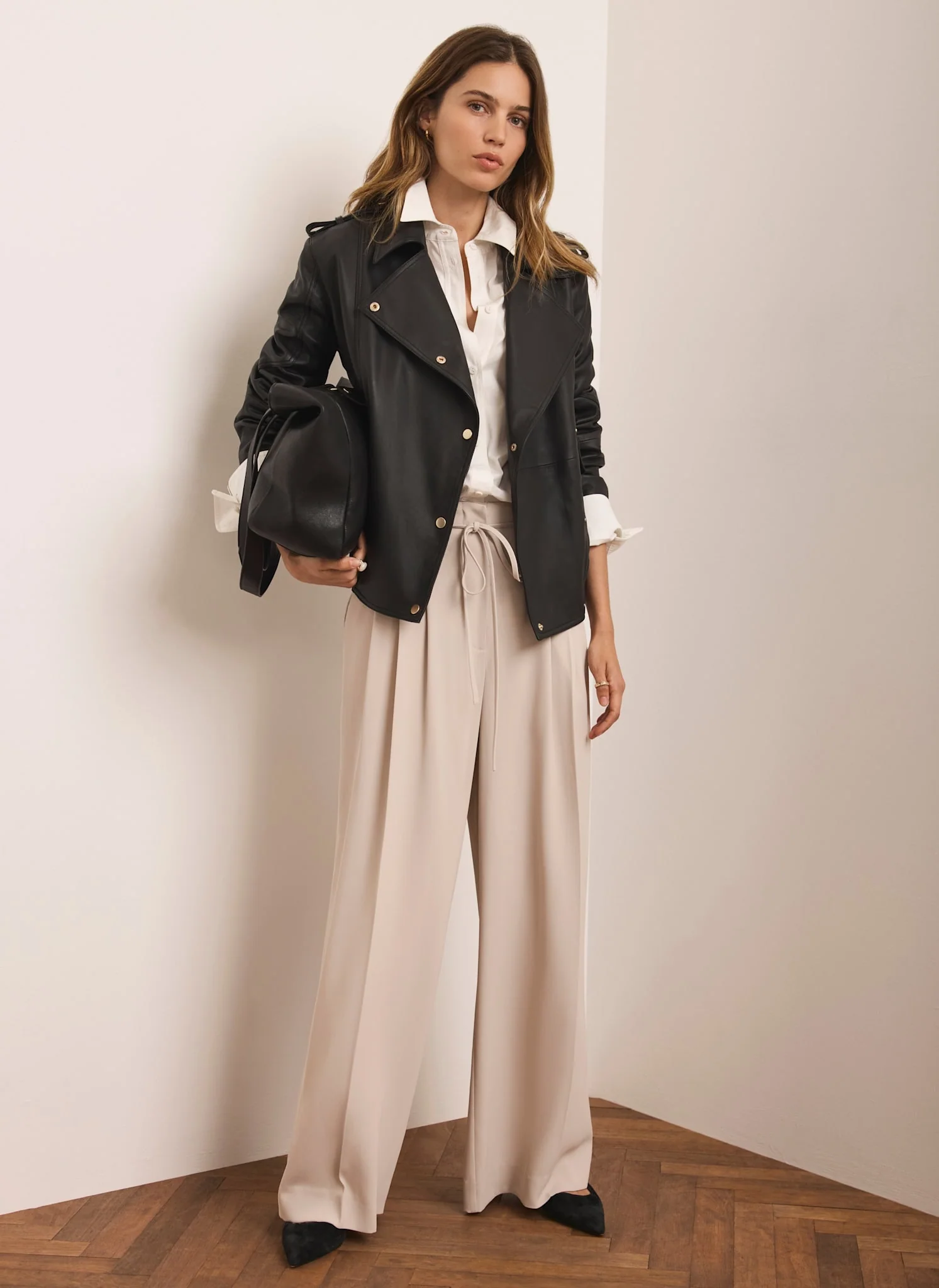 Neutral Tie Waist Pleated Wide Trousers