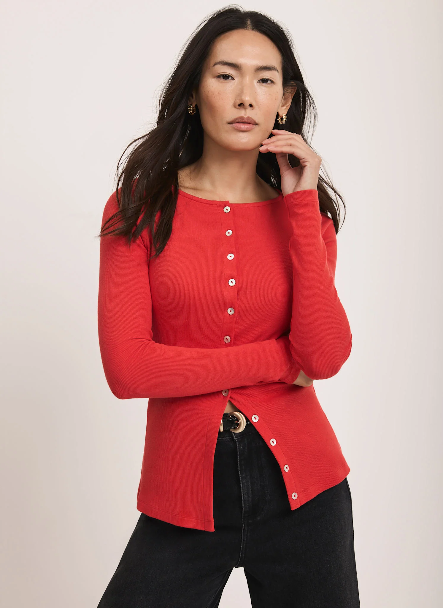 9870-red-cotton-blend-button-detail-top-1.webp Red Cotton Blend Button Detail Top