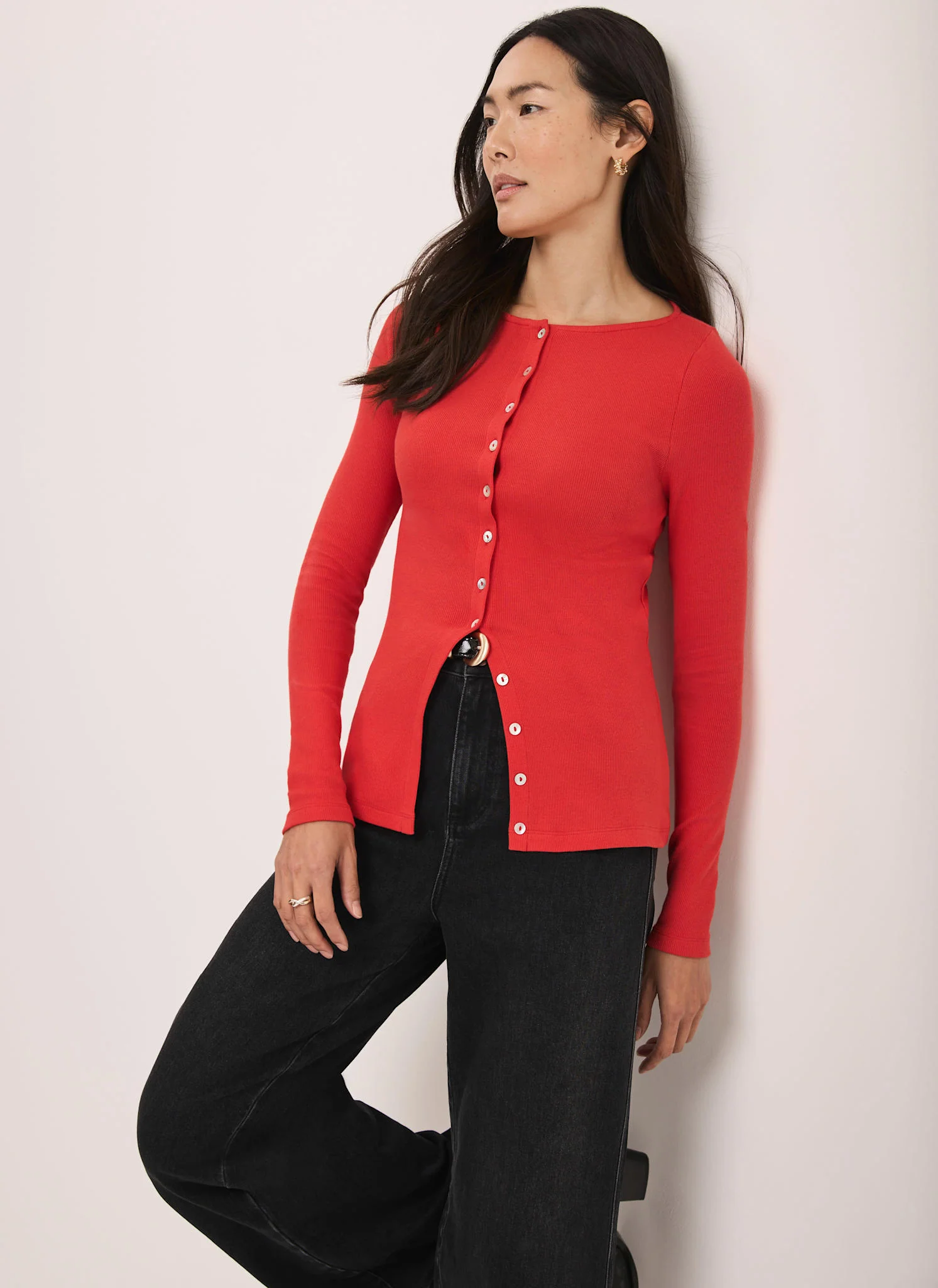 9870-red-cotton-blend-button-detail-top-3.webp Red Cotton Blend Button Detail Top