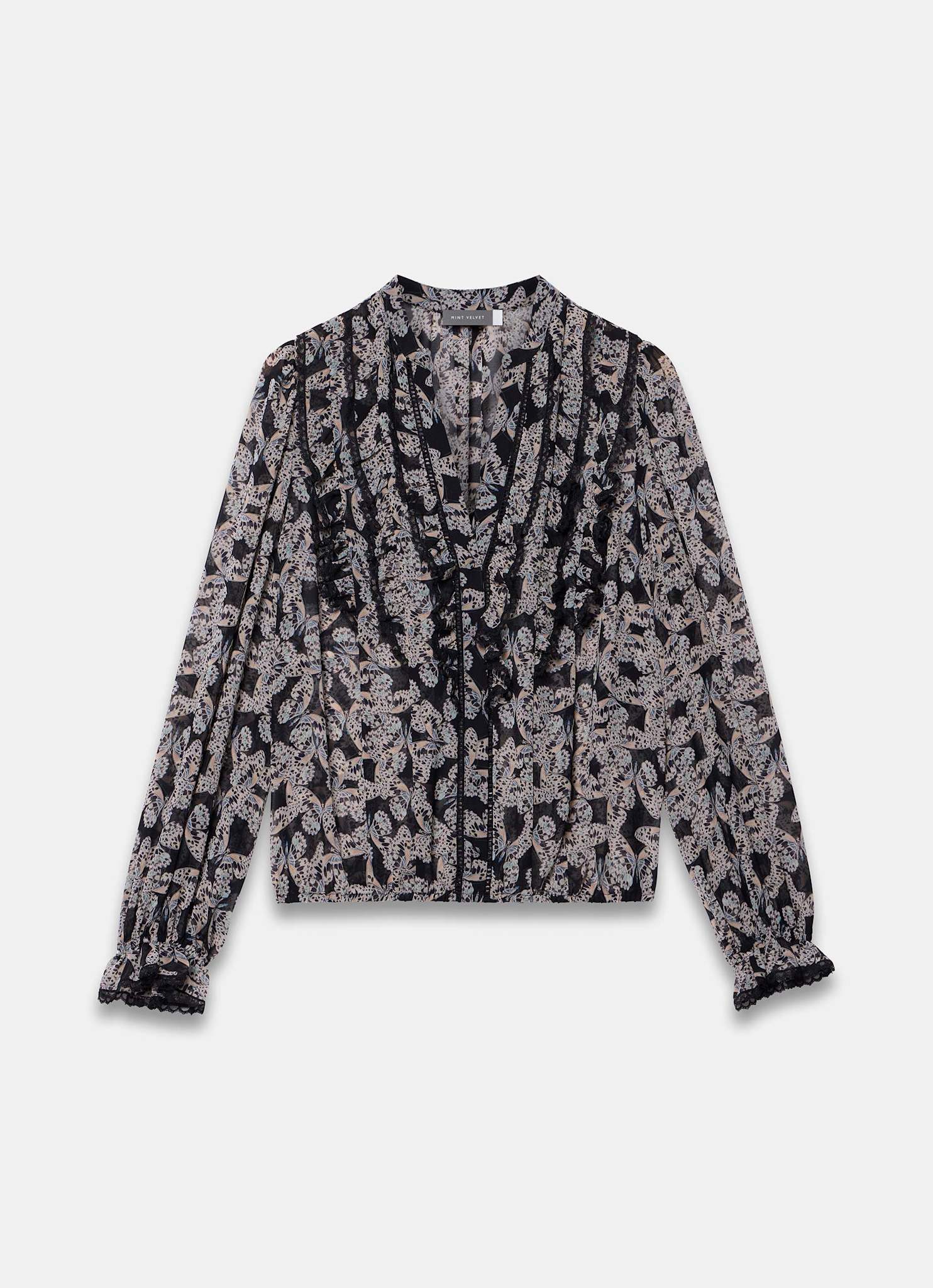 9894-black-butterfly-print-ruffle-blouse-6.jpg Black Butterfly Print Ruffle Blouse