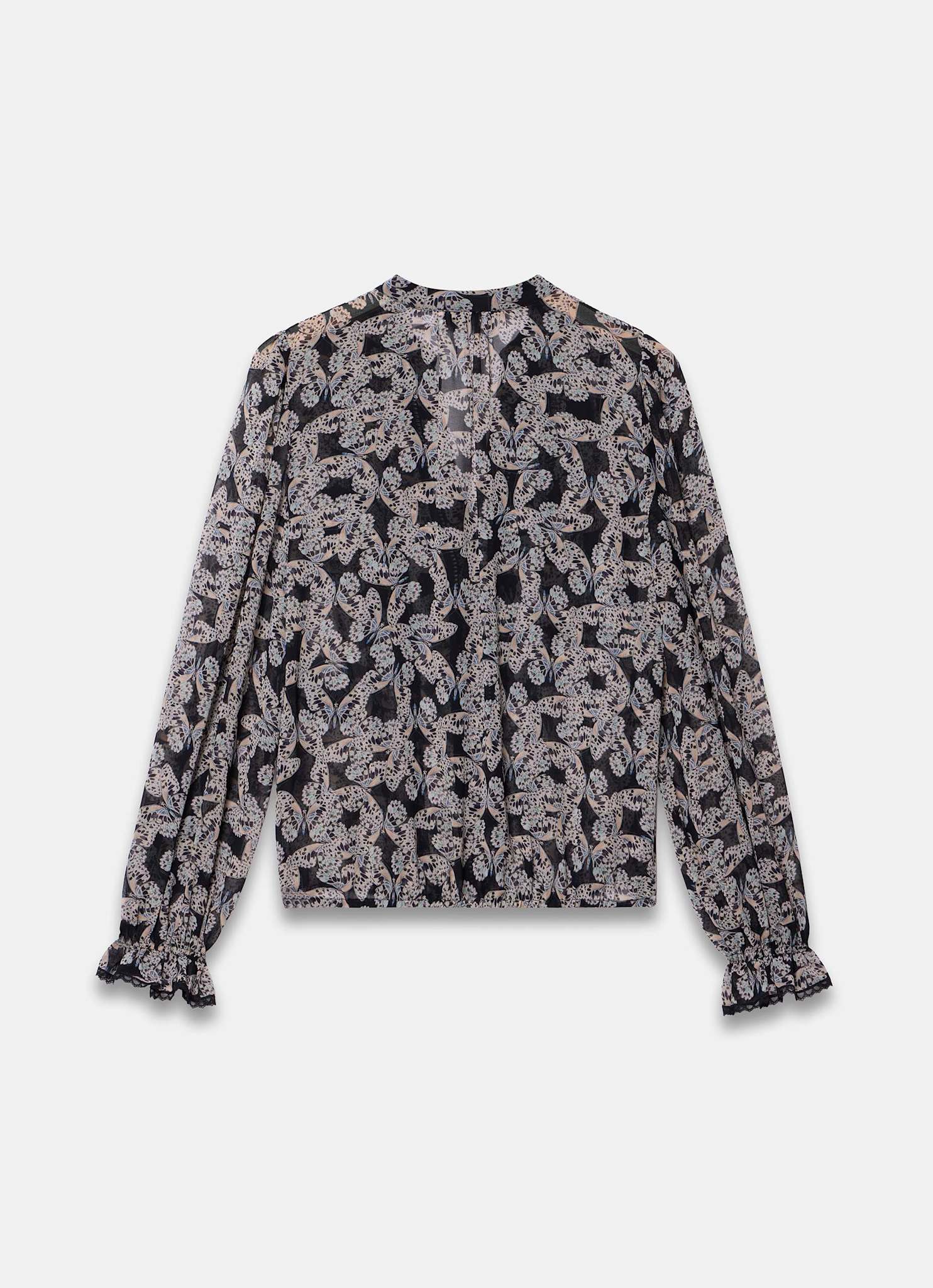 9894-black-butterfly-print-ruffle-blouse-7.jpg Black Butterfly Print Ruffle Blouse