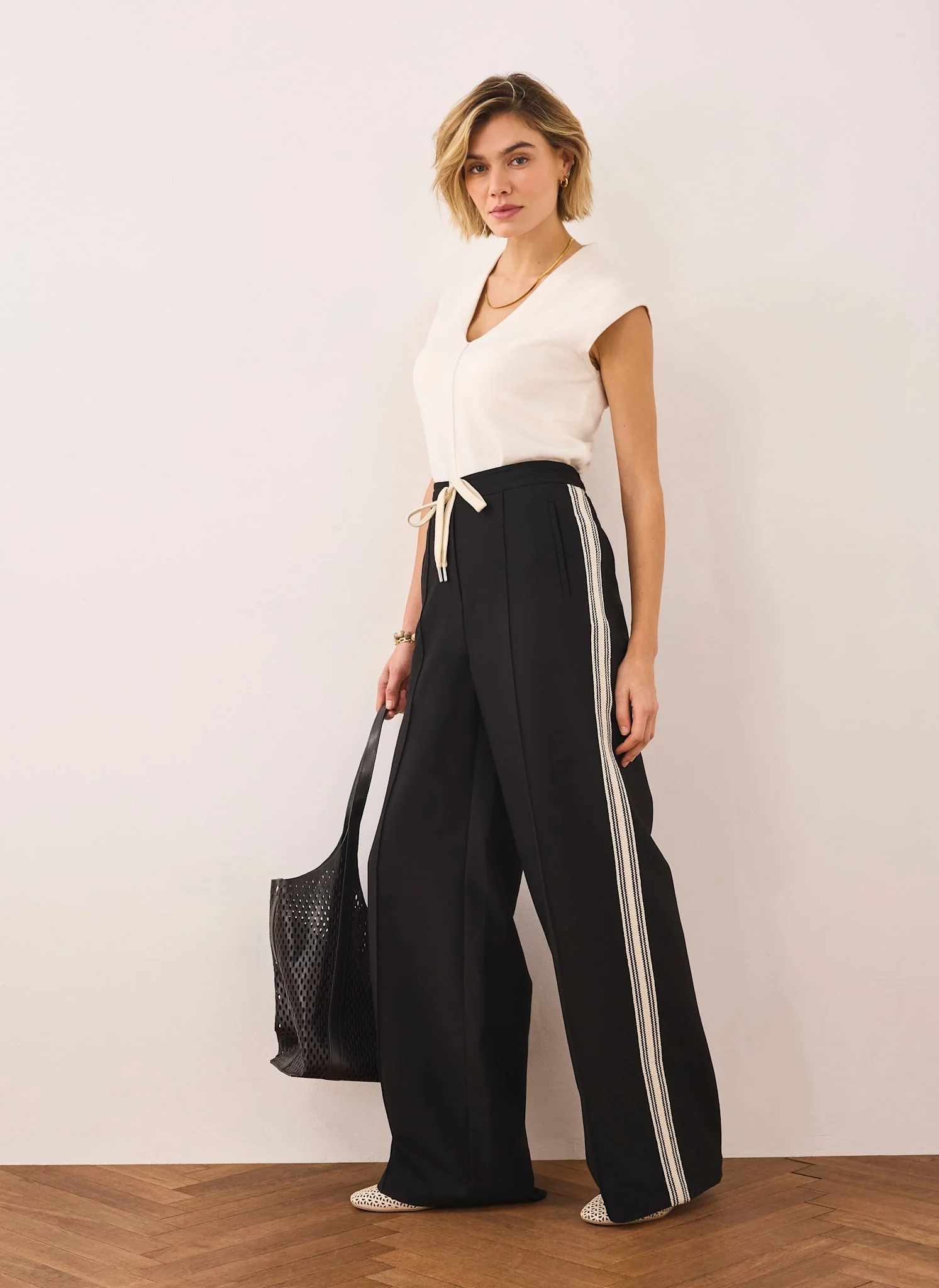 Black Crochet Side Stripe Wide Trousers