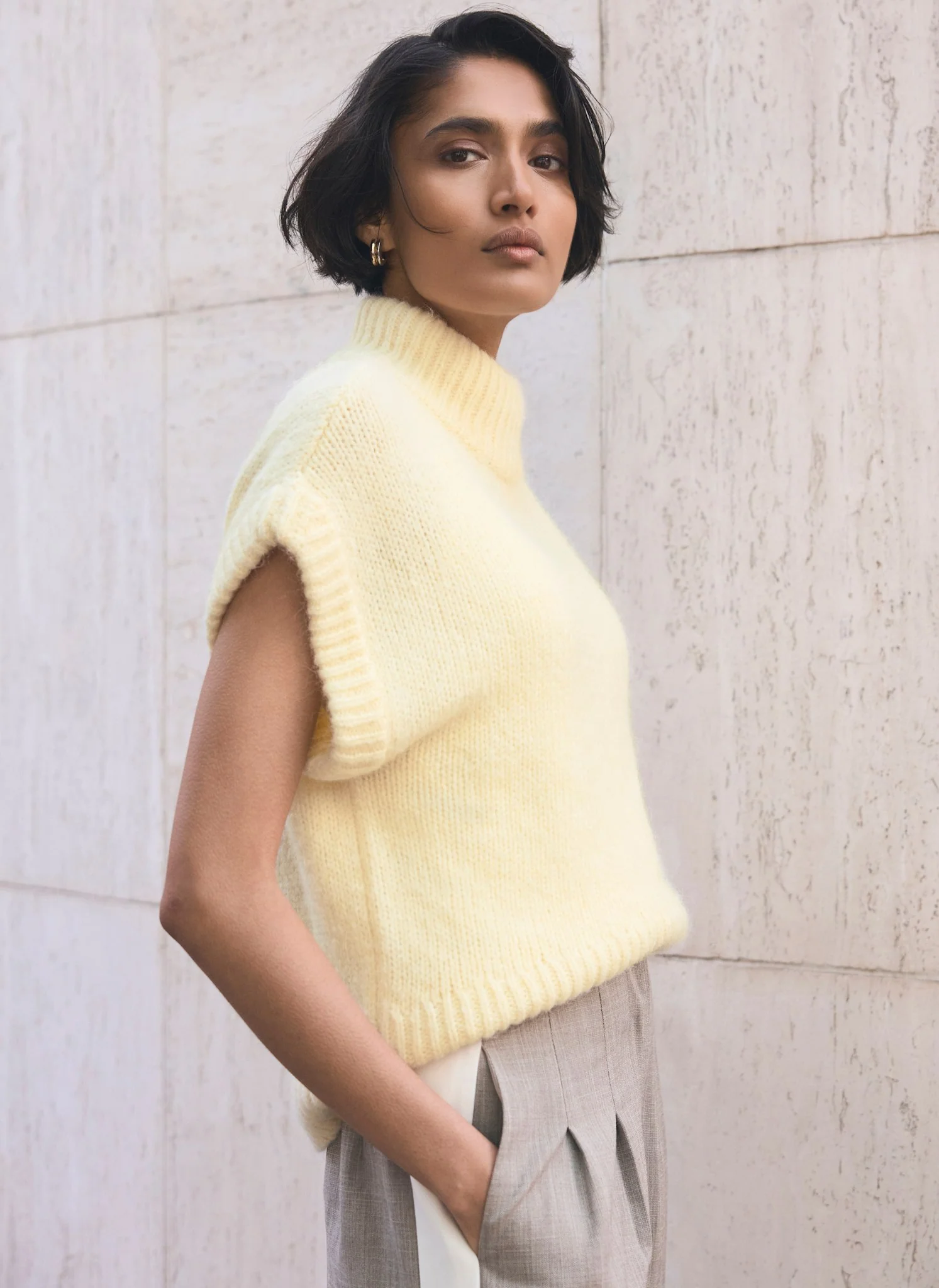 Butter Yellow Wool Blend High Neck Knit Top