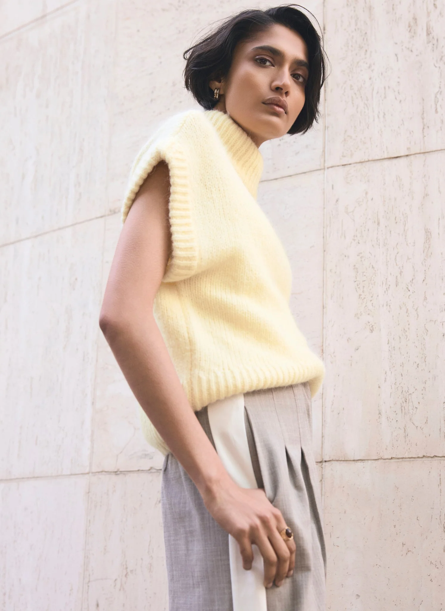 Butter Yellow Wool Blend High Neck Knit Top
