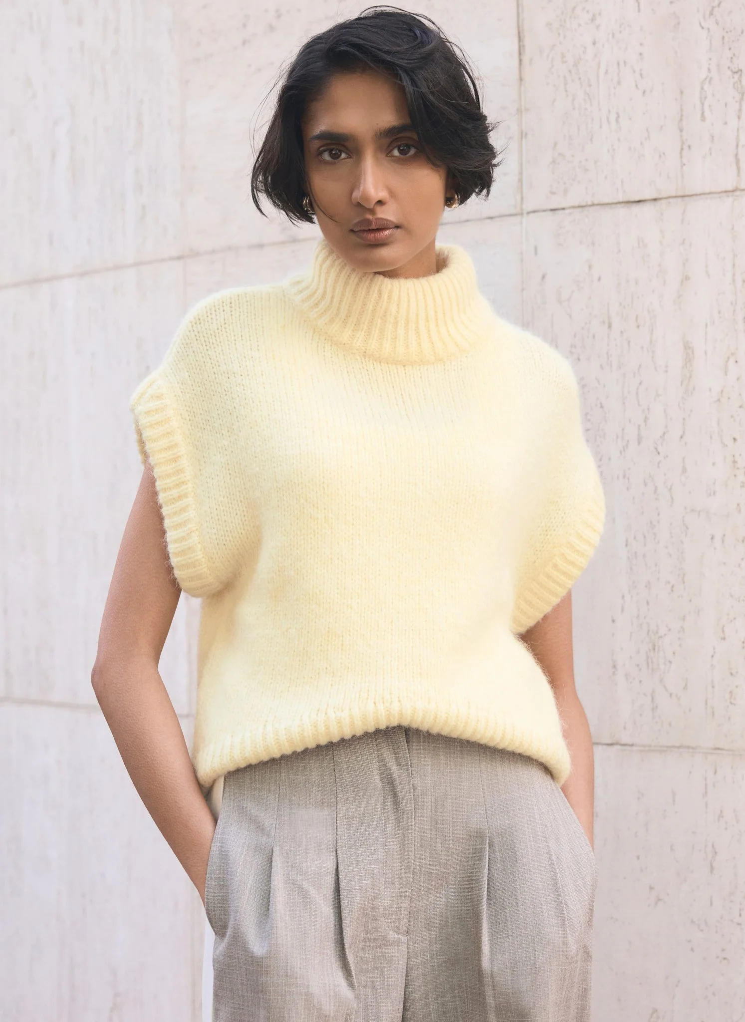 Butter Yellow Wool Blend High Neck Knit Top